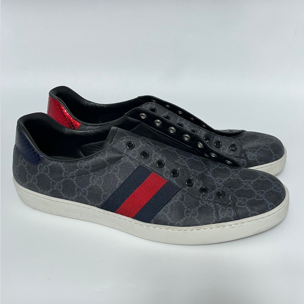 Gucci Ace GG Supreme Monogram Sneakers Grey Red Blue Web 429446 Mens 13